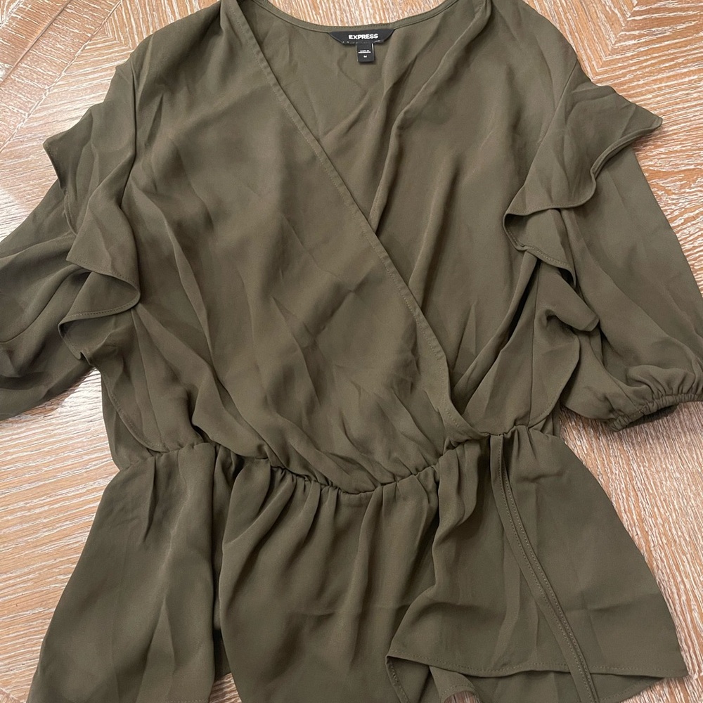 Express Olive Ruffled Wrap Blouse